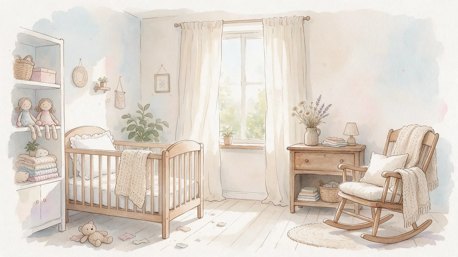 Quarto de bebê acolhedor com berço de madeira e bonecas de pano macias em prateleira